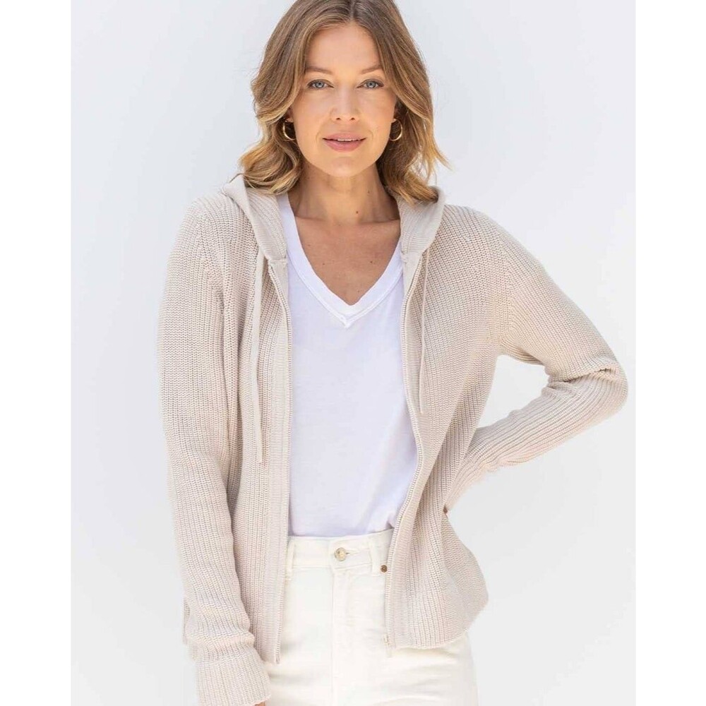 Pura Cashmere Fisherman Hoodie Oatmeal Supima Cotton Zip Up Chunky Knit - XL